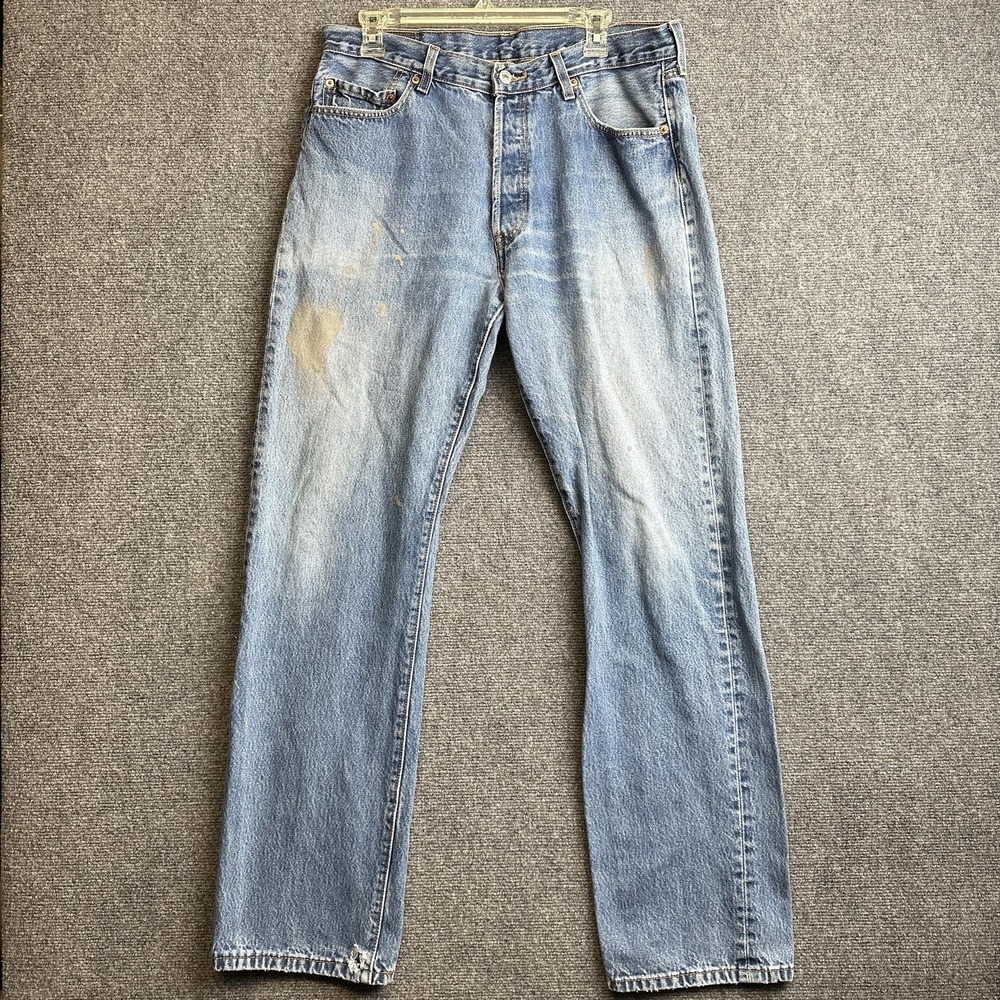 Vintage Levis 501 Jeans Mens 36x32 Light Wash Straight Leg Paint Stain Denim 90s